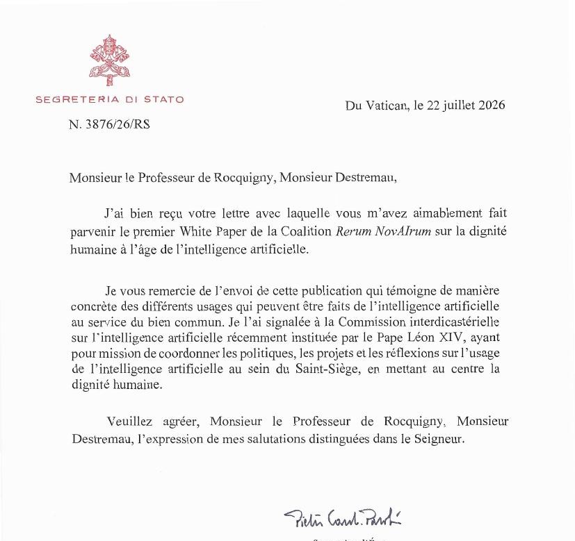 Letter from Cardinal Parolin acknowledging the Rerum Novairum white paper